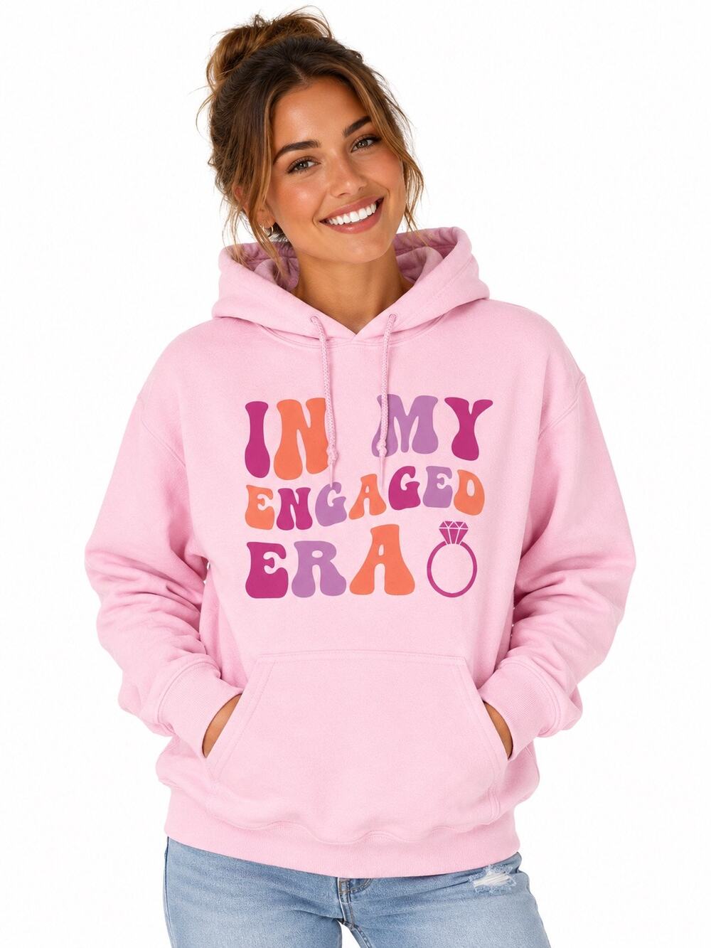 Gildan In My Engaged Era Hoodie Pink Graphic Sweatshirt Bridal Wedding M retro